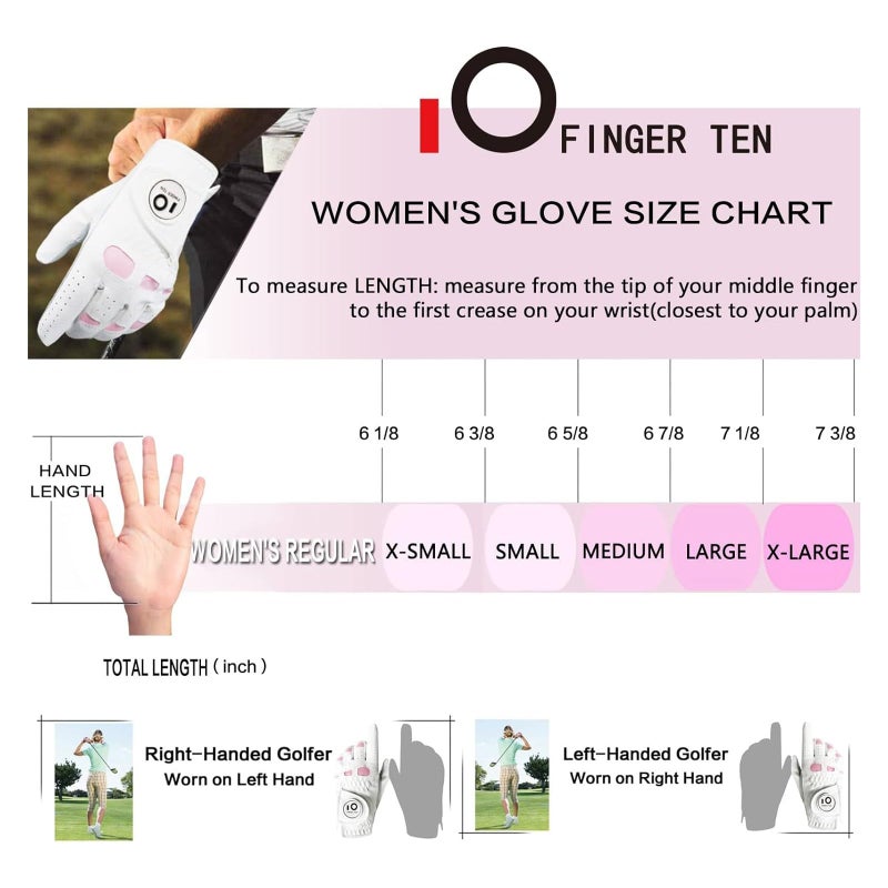 FINGER TEN Womenâ€™s Leather Golf Glove with Ball Marker Extra Grip 1 Pack, Left Right Hand Pink Fit Woman Girl, Size Small Medium Large XL (X-Large, Left) - Image 5